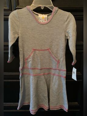 Girls' Gray Knit Pocket Dress with Pink Trim